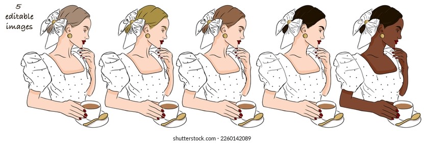 Editable vector illustrasion of a woman enjoying a cup of coffee