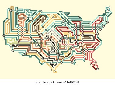 Editable vector illustrated map of the USA in underground map style