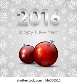 An editable vector illustration of 2016 New Year numbers, Red Baubles and snowflakes