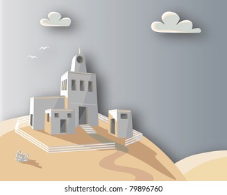 Editable vector illustration an adobe homestead hilltop and background made using gradient mesh