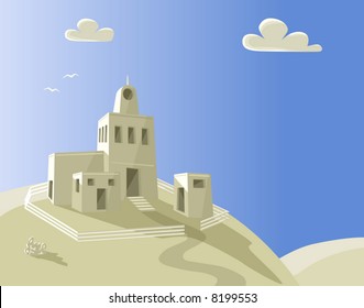 Editable vector illustration of an adobe homestead on a hilltop