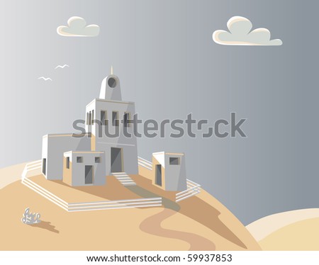 Editable vector illustration of an adobe homestead on a hilltop