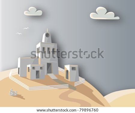 Editable vector illustration of an adobe homestead on a hilltop with background made using a gradient mesh