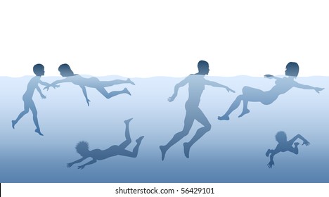 Editable vector illustration of adults and children swimming