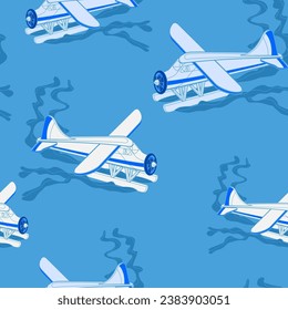 Editable Vector Illustration of Aerial Three-Quarter Oblique Front View Pontoon Floating Plane on a Wavy Lake as Seamless Pattern for Creating Background of Transportation or Recreation Related Design