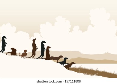 Editable vector illustration of African meerkats at a lookout