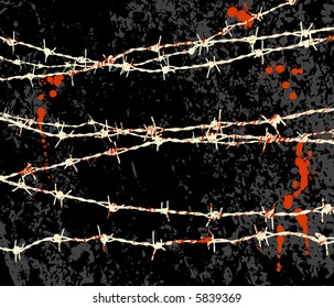 Editable vector illustration of barbed wire and splattered blood with all elements as separate unflattened objects