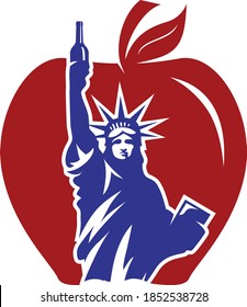 editable vector illustration of a big apple new york city landmark liberty statue holding a win bottle