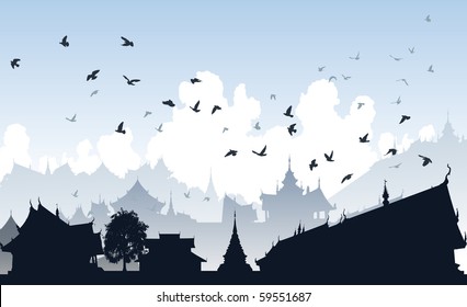 Editable vector illustration of birds over a generic east asian city