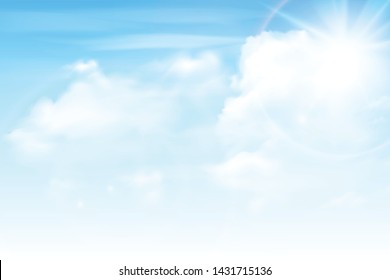 Editable vector illustration of blue sky with white clouds and lens flare effect, HD vector, realistic