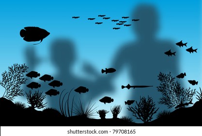 Editable vector illustration of blurred mother and son looking at fish in an aquarium with background made using a gradient mesh