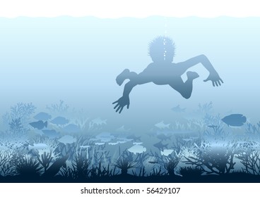 Editable vector illustration of a boy swimming over a coral reef