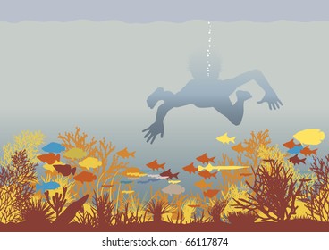 Editable vector illustration of a boy swimming over a colorful coral reef