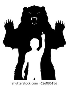 Editable vector illustration of a boy unafraid of a fierce bear 