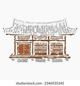 Editable Vector Illustration of Brush Strokes Style Front View Wide Traditional Hanok Korean House Building for Artwork Element of Oriental History and Culture Related Design