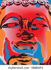 Editable vector illustration of a Buddha statue's face in popart color style