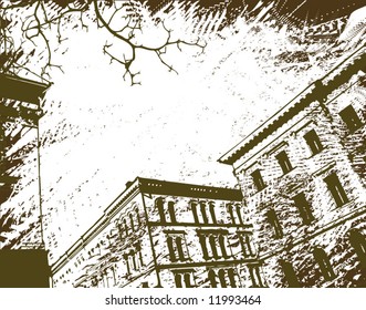 Editable vector illustration of buildings and grunge with elements as separate objects
