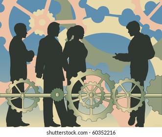 Ilustración vectorial editable de un grupo empresarial con ruedas y ruedas