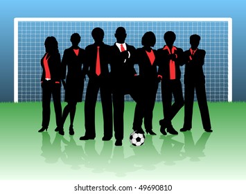 Ilustración vectorial editable de un equipo de negocios en un campo de fútbol