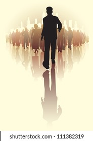 Editable vector illustration of a businessman walking in front of a crowd of people