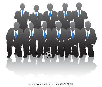Dibujo vector editable de hombres de negocios que se hacen pasar por equipo de fútbol