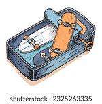 Editable vector illustration of can of sardines with skateboards. Design for printing on t-shirts, posters and etc.