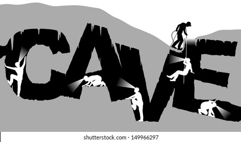 Editable vector illustration of cavers exploring a cave in the shape of the word with figures as separate objects