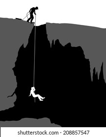 Editable vector illustration of cavers exploring a cave