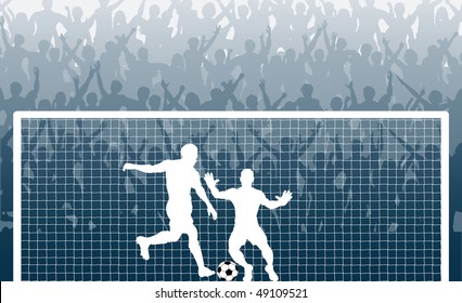 Editable vector illustration of a cheering crowd watching a penalty kick in a soccer match