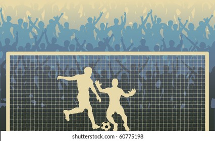 Editable vector illustration of a cheering crowd watching a penalty kick in a soccer match