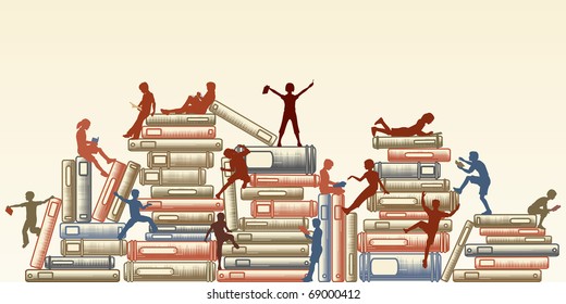 Editable vector illustration of children reading and clambering over piles of books