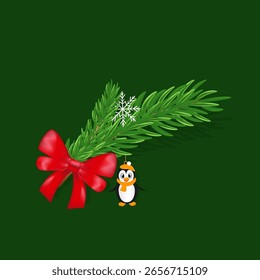 Editable vector illustration of a Christmas decoration featuring pine branch, red satin bow, white snowflake and cute cartoon penguin. Background is placed on a separate layer