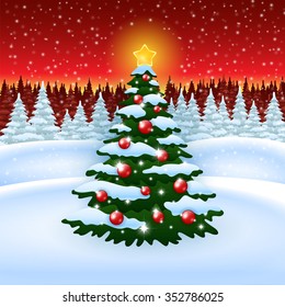 An editable vector illustration of a Christmas tree and a winter forest