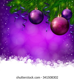 An editable vector illustration of Christmas violete background with violete baubles