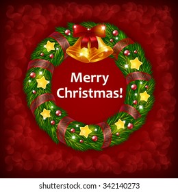An editable vector illustration of a Christmas wreath with bells on a red background