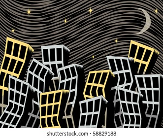 Editable vector illustration of city at night with background and buildings on separate layers