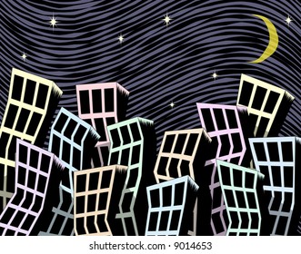 Editable vector illustration of city at night with background and buildings on separate layers