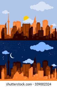 Editable Vector Illustration of City Silhouette with Orange Color in Day and Night Scene