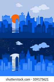 Editable Vector Illustration of City Silhouette with Blue Color in Day and Night Scene