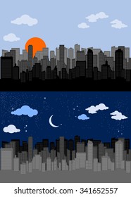 Editable Vector Illustration of City Silhouette with Grey Color in Day and Night Scene