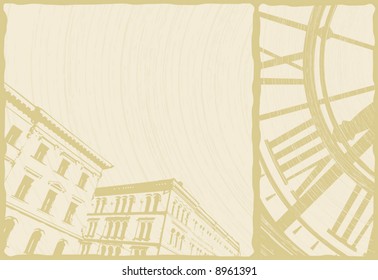 Editable vector illustration of a clock and buildings