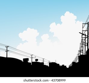 Editable vector illustration of clouds over a city