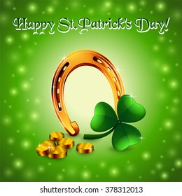 An editable vector illustration of coins, a horseshoe and a clover