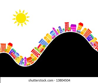 Editable vector illustration of colorful buildings with copy-space