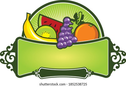 editable vector illustration of a colorful fresh fruits badge.