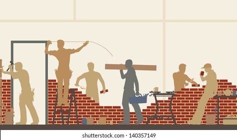 Editable vector illustration of construction workers at a building site