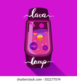 Editable vector illustration of cool purple glowing lava space lamp with hand drawn brush pen lettering
