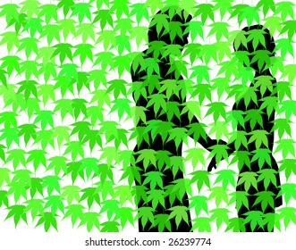 Editable vector illustration of a couple behind a curtain of maple leaves