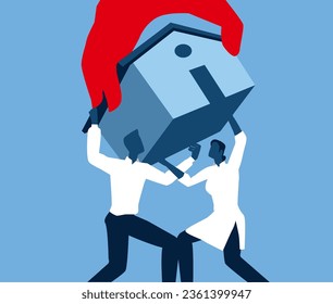Editable vector of an illustration of couple trying to save their house, home loan concept, house debt concept
