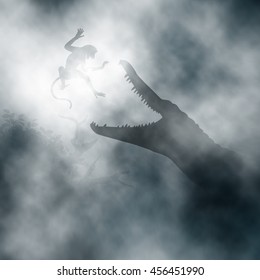 Editable vector illustration of a crocodile hunting a monkey in a misty swamp created using gradient vectors